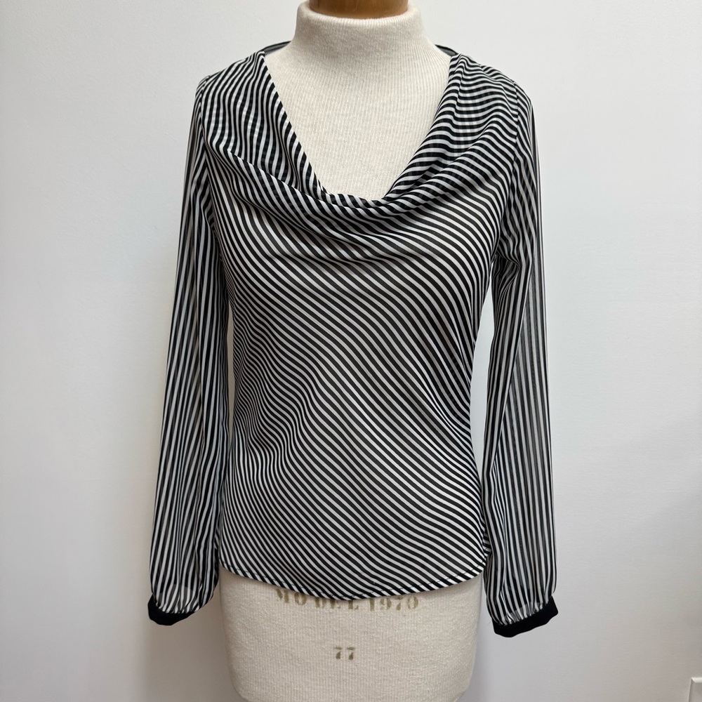 White House Black Market Drape Neck Long Sleeve Stripe Blouse - Picture 2 of 12